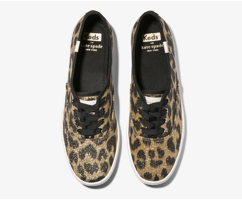 Womens Keds Sneakers - Kate Spade new york Champion Glitter Leopard - Brown - 5169-DVMRW